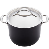 A black and stainless steel stockpot with two side handles and a matching lid featuring a curved handle, set against a white background.