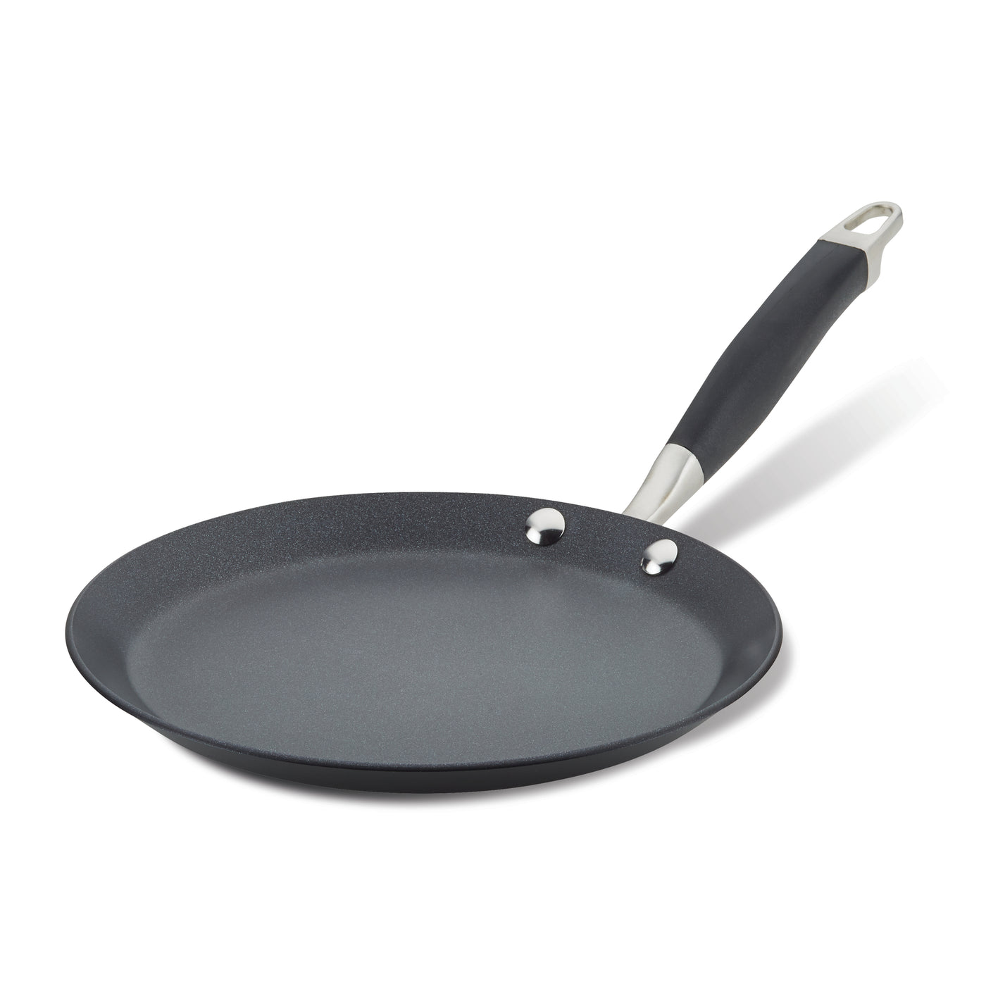 A black non-stick frying pan with a slightly textured surface and a sleek, ergonomic black handle featuring a small hole for hanging. The pan is shown against a white background.