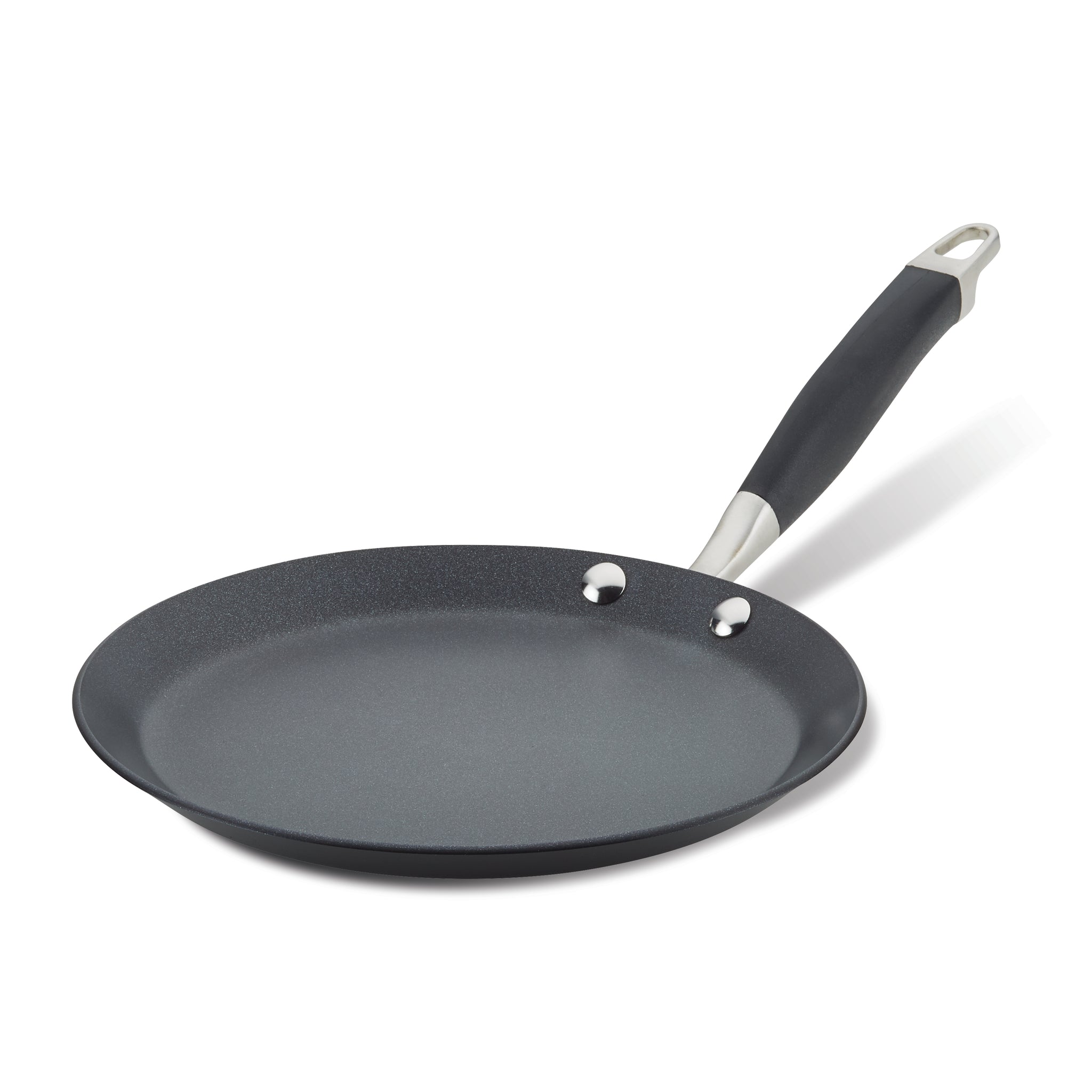 A black non-stick frying pan with a slightly textured surface and a sleek, ergonomic black handle featuring a small hole for hanging. The pan is shown against a white background.