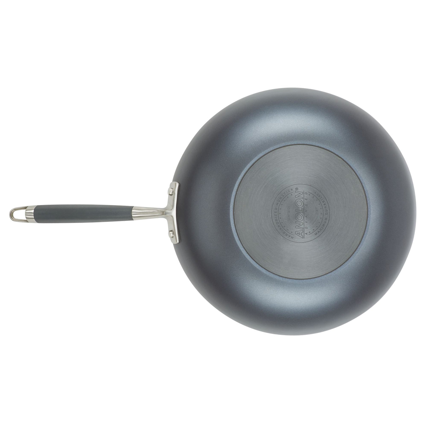 A top-down view of a frying pan with a textured bluish-gray finish. The pan has a circular base and a long handle with a dark grip. The brand logo is embossed on the bottom surface.