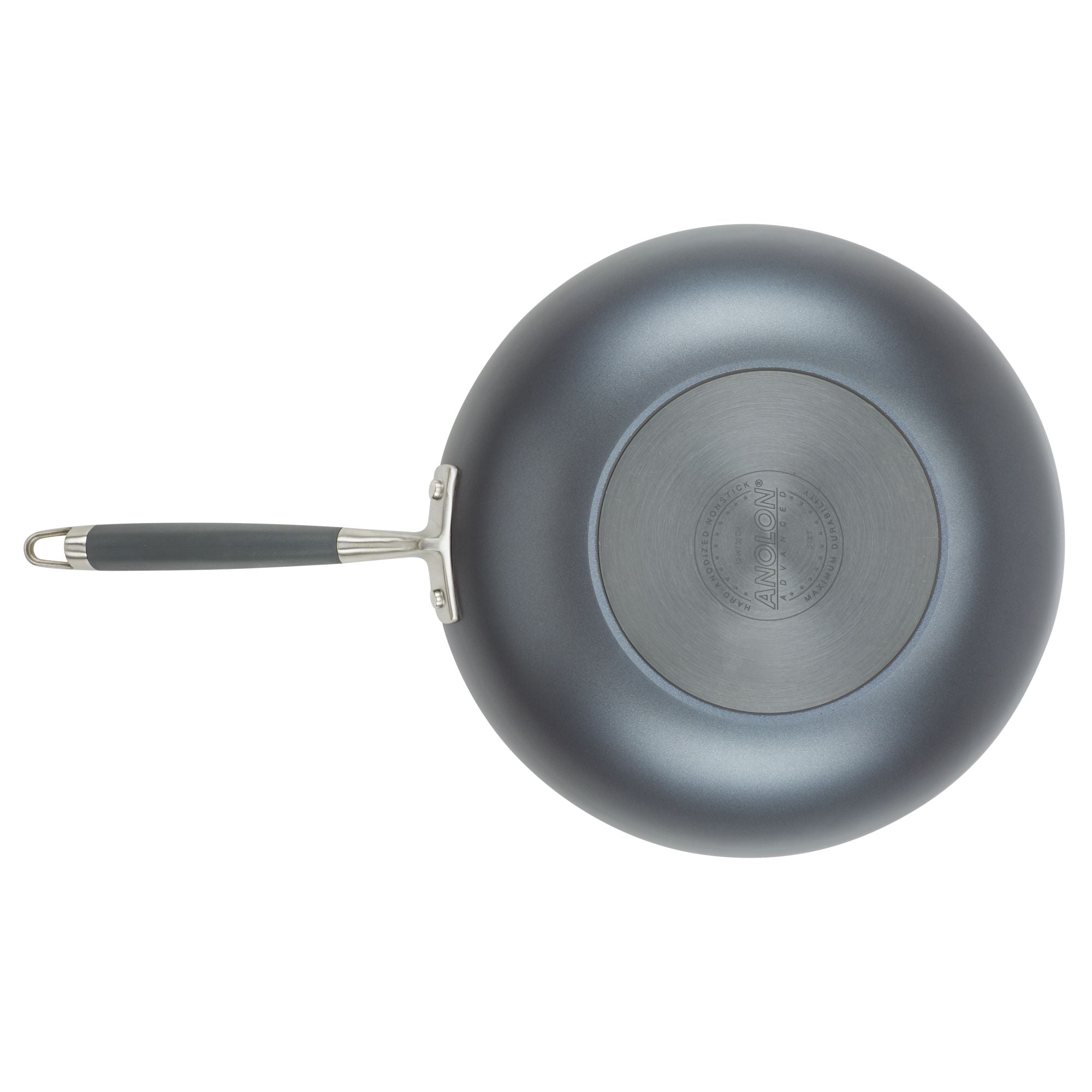 A top-down view of a frying pan with a textured bluish-gray finish. The pan has a circular base and a long handle with a dark grip. The brand logo is embossed on the bottom surface.