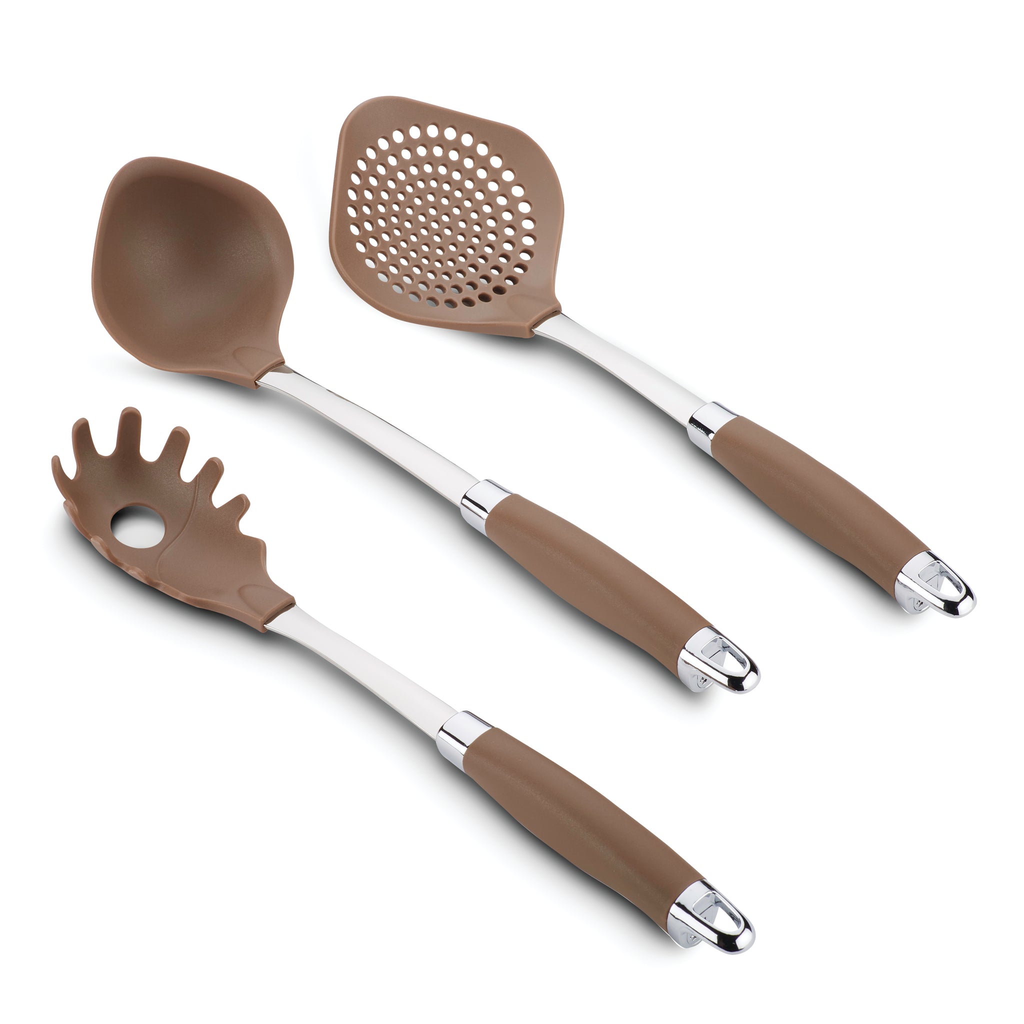 A set of three brown kitchen utensils with silver handles. The set includes a ladle, a skimmer spoon with holes, and a pasta server with rounded teeth. Each utensil has a brown grip and shiny chrome accents on the handle ends.