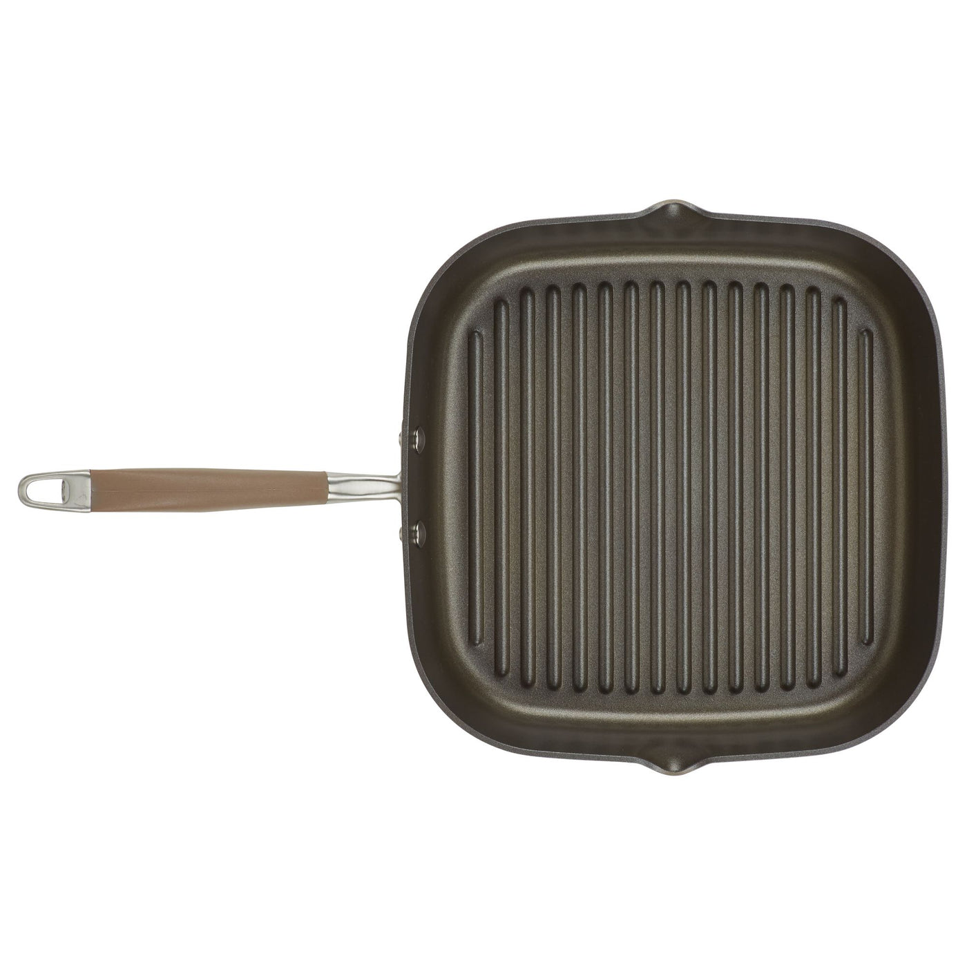 Square grill pan with a non-stick surface and ridged interior, featuring a long handle with a small metal loop at the end. The pan is designed for stovetop cooking and grilling, and is set against a plain white background.