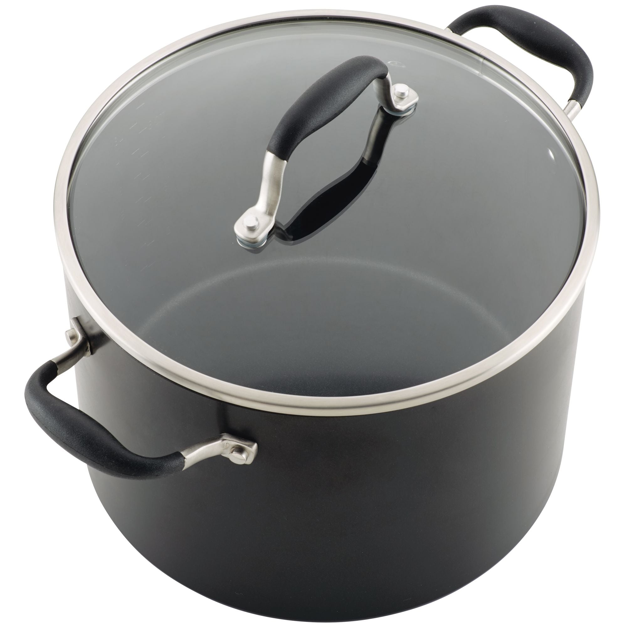 A large black cooking pot with a glass lid and stainless steel rim. It has two black handles on the sides and a matching handle on the lid. The pot is designed for stove-top use, ideal for cooking soups, stews, or large meals.