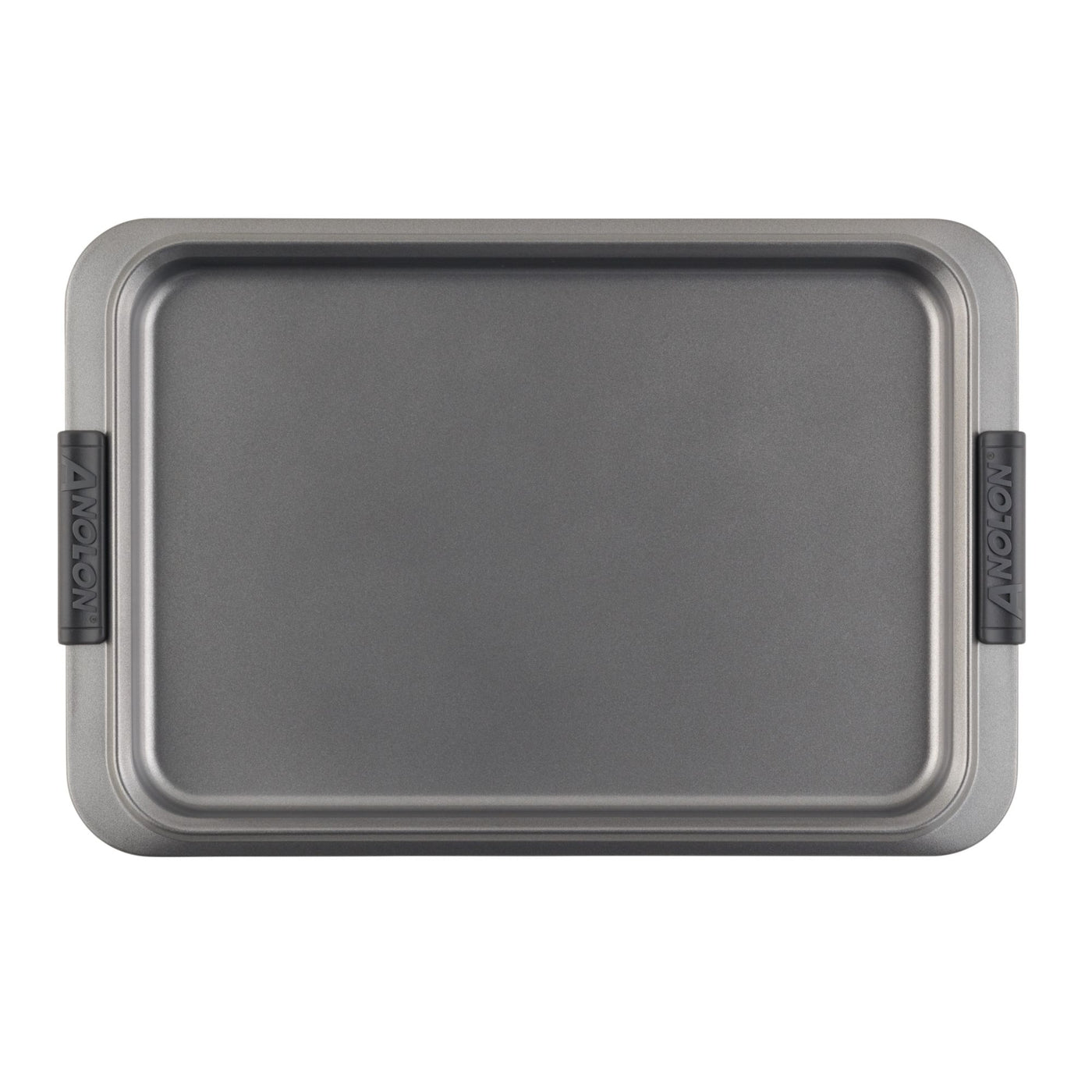 A rectangular gray baking sheet with non-stick surface and black silicone grips on the handles, set against a plain white background.