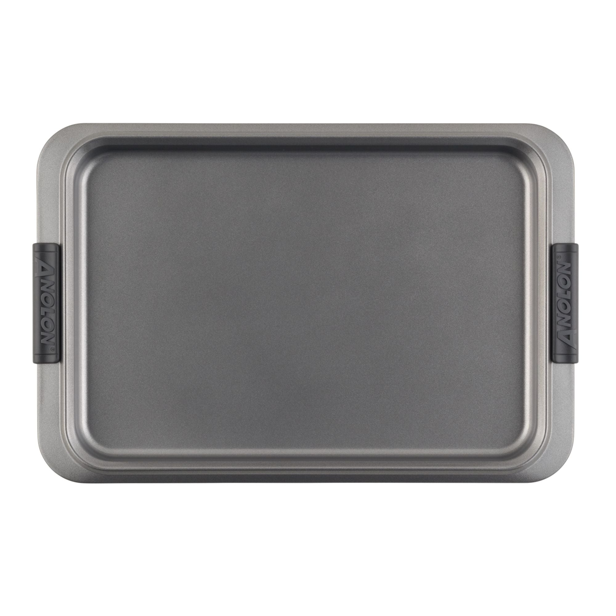 A rectangular gray baking sheet with non-stick surface and black silicone grips on the handles, set against a plain white background.
