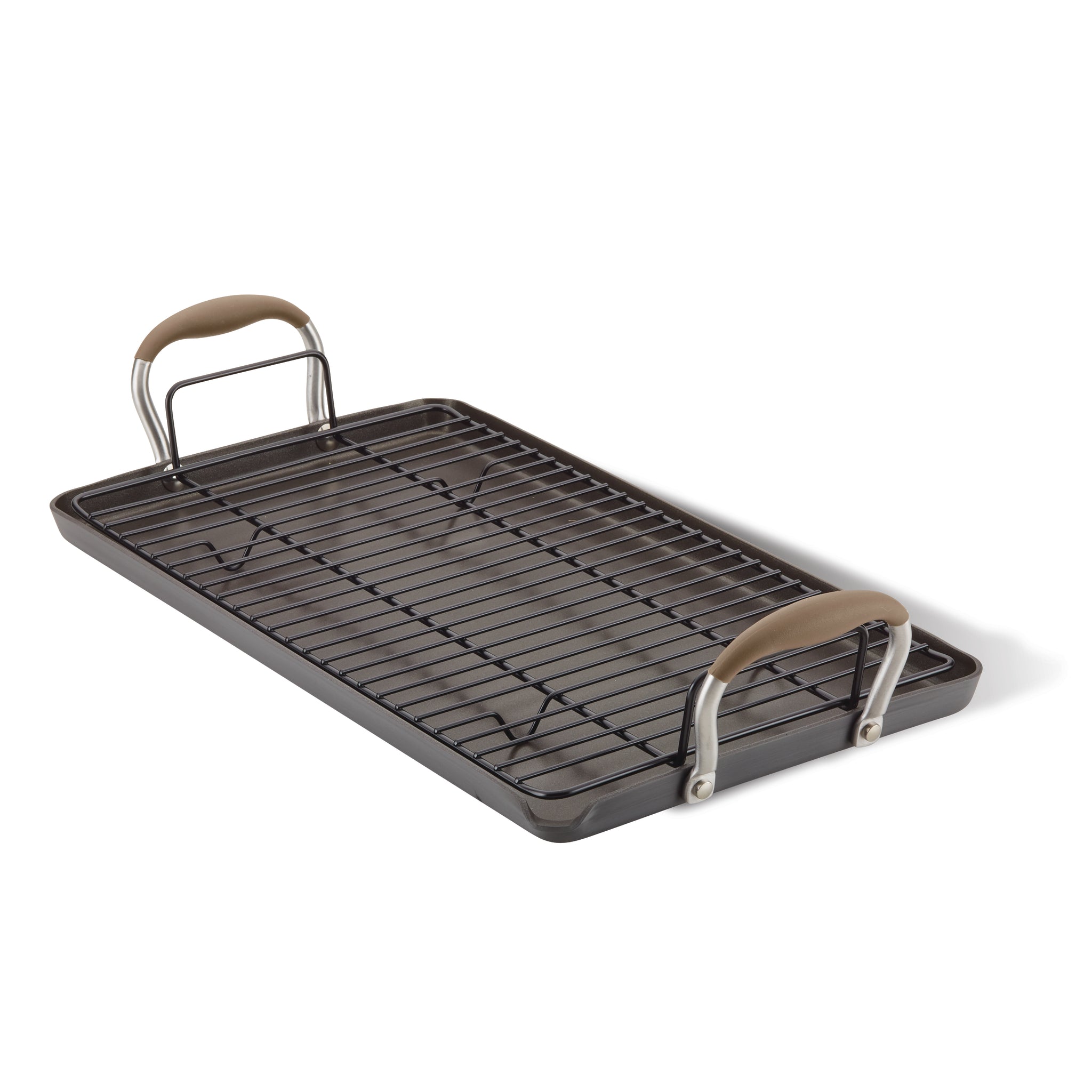 A rectangular non-stick roasting pan with a removable wire rack and two handles. The handles are coated with a brown material for grip. The pan is placed on a white background.