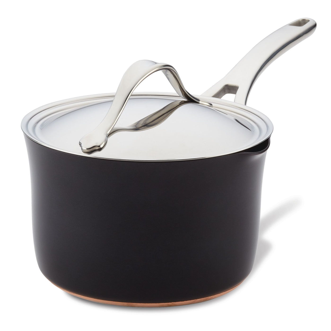 A sleek black saucepan with a shiny stainless steel handle and lid, featuring a slightly flared rim. The design is modern and elegant, suitable for various cooking needs. The saucepan’s base appears to be copper-infused.