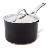A sleek black saucepan with a shiny stainless steel handle and lid, featuring a slightly flared rim. The design is modern and elegant, suitable for various cooking needs. The saucepan’s base appears to be copper-infused.