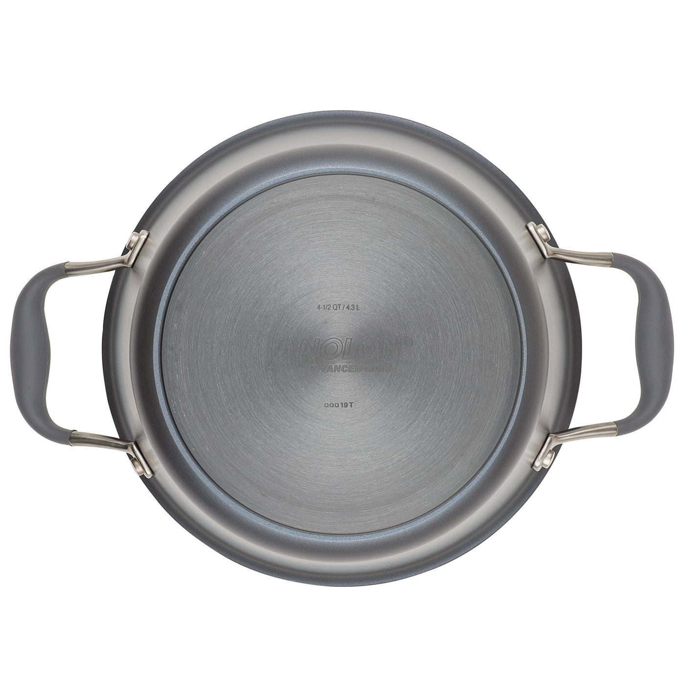 Top view of a round metal pot with two gray handles on either side. The bottom of the pot has engraved text and a brushed stainless steel finish.