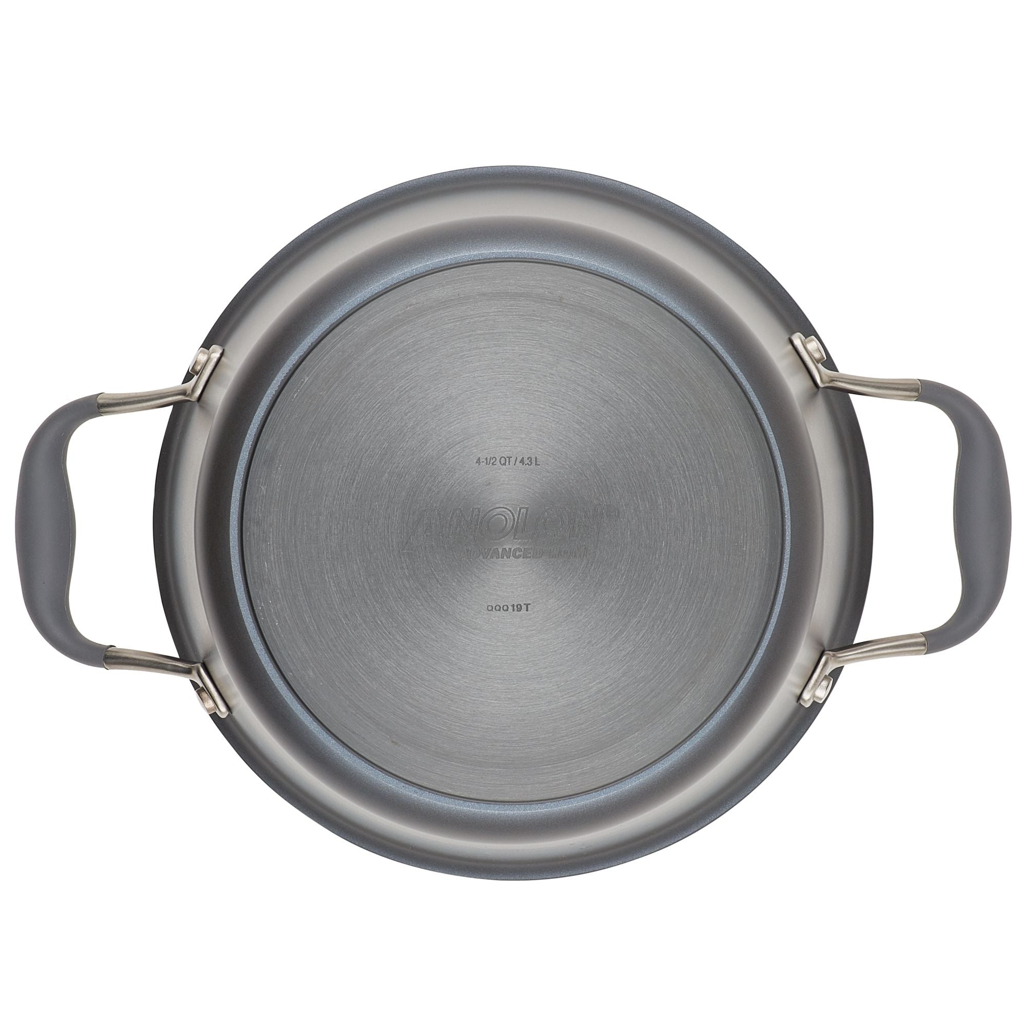 Top view of a round metal pot with two gray handles on either side. The bottom of the pot has engraved text and a brushed stainless steel finish.