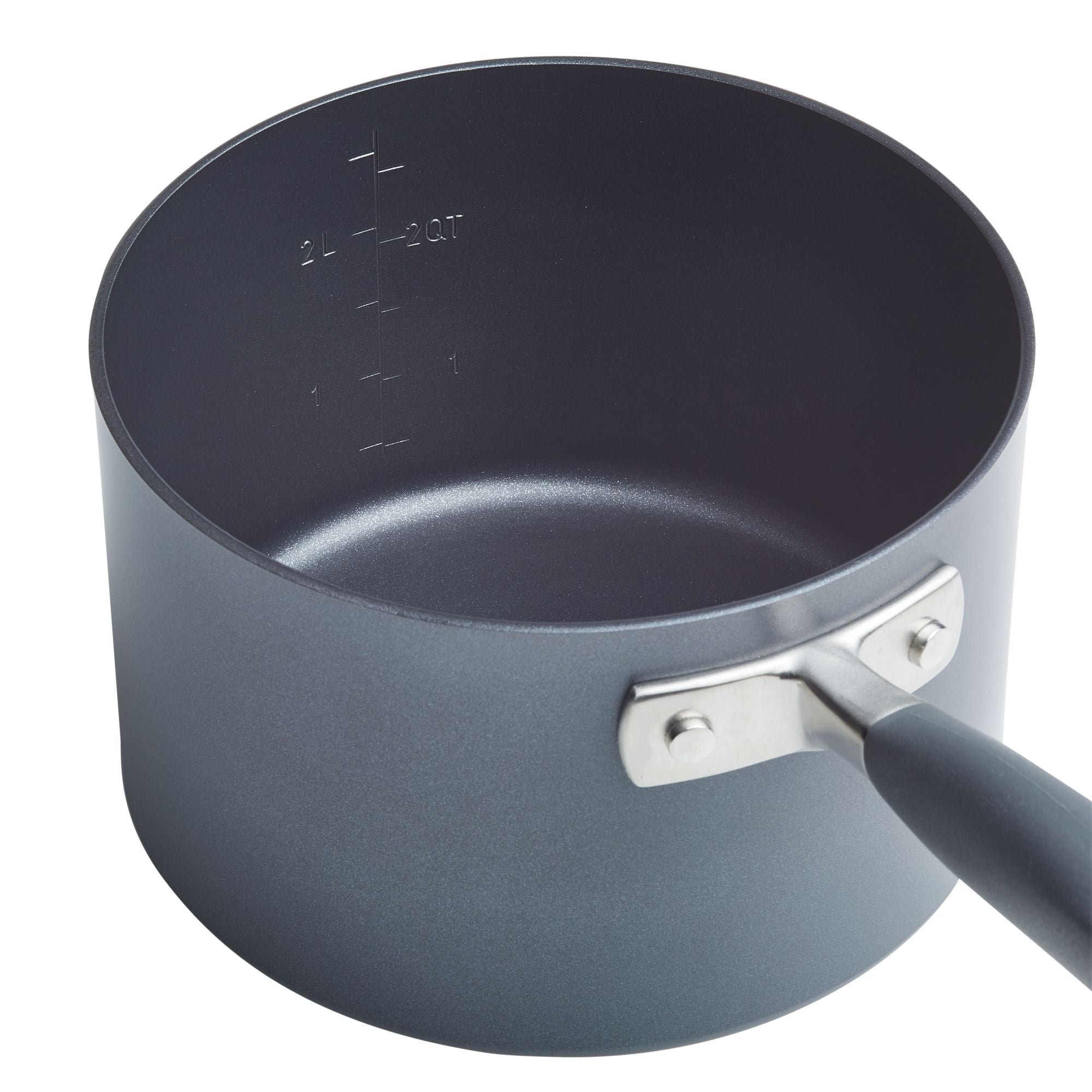 A gray pot with a black handle, featuring measurement markings inside along the side, indicating up to 2 liters or 2 quarts.