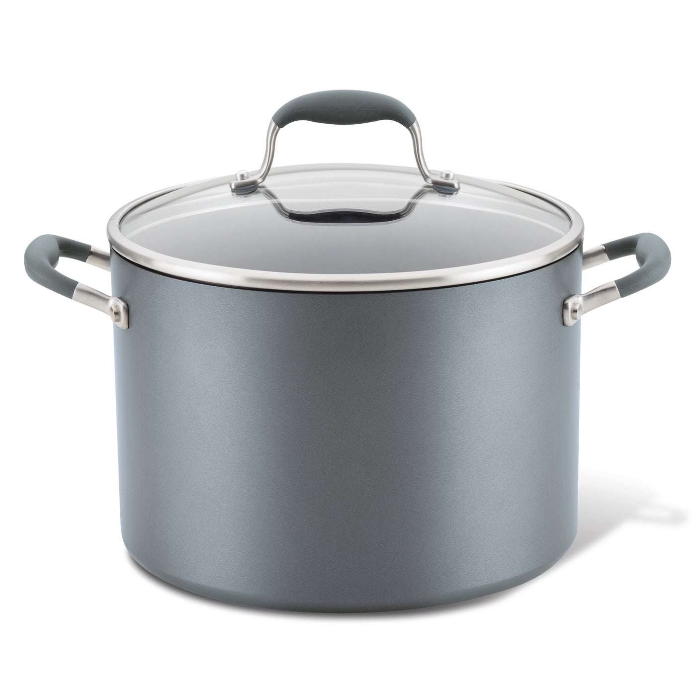 A grey stockpot with a matching lid. The pot has a sleek design with handle grips on either side and a glass lid featuring a metal handle.