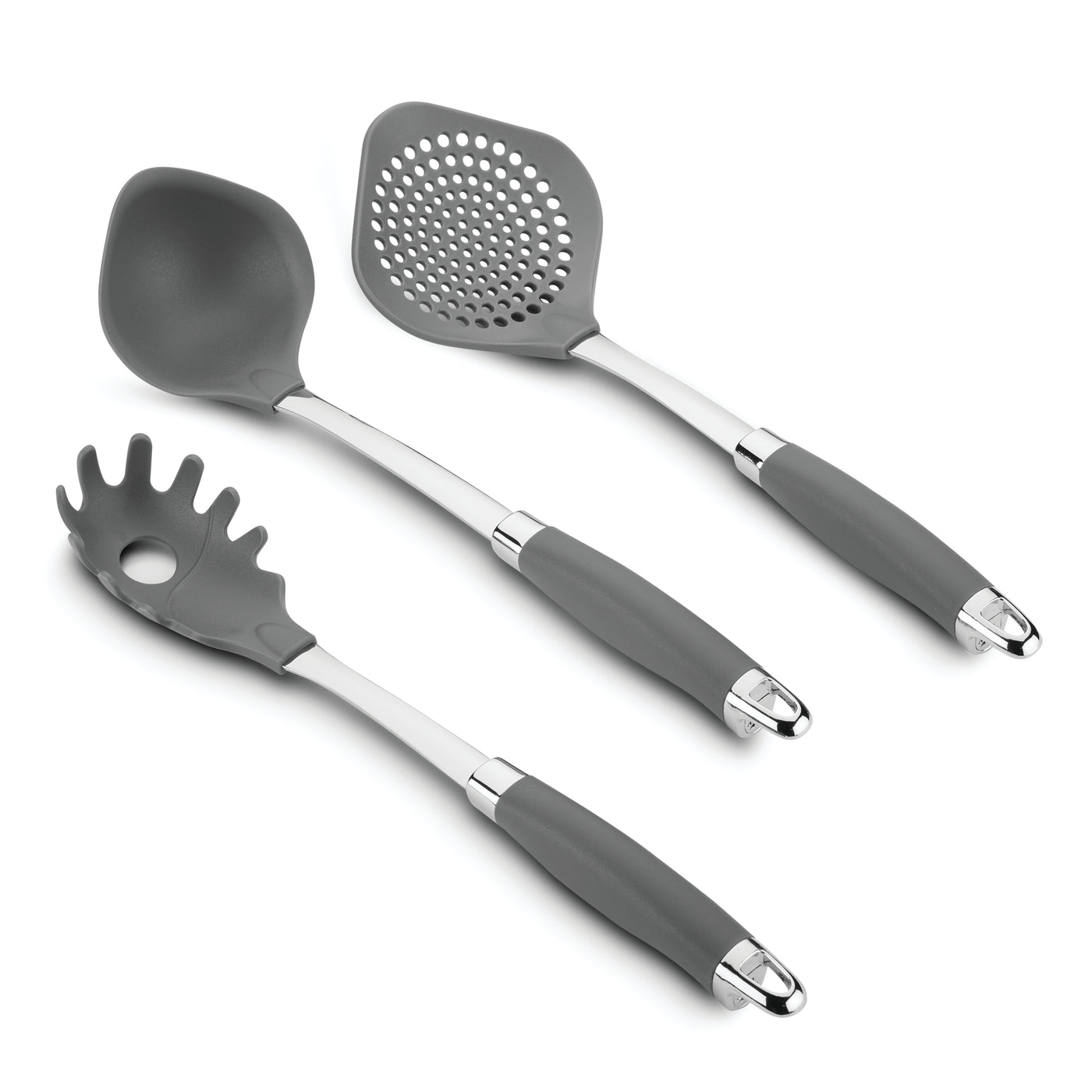 A set of three kitchen utensils with gray handles: a solid spoon, a slotted turner, and a pasta server. Each has a metal accent near the handle. The utensils are arranged on a plain white background.
