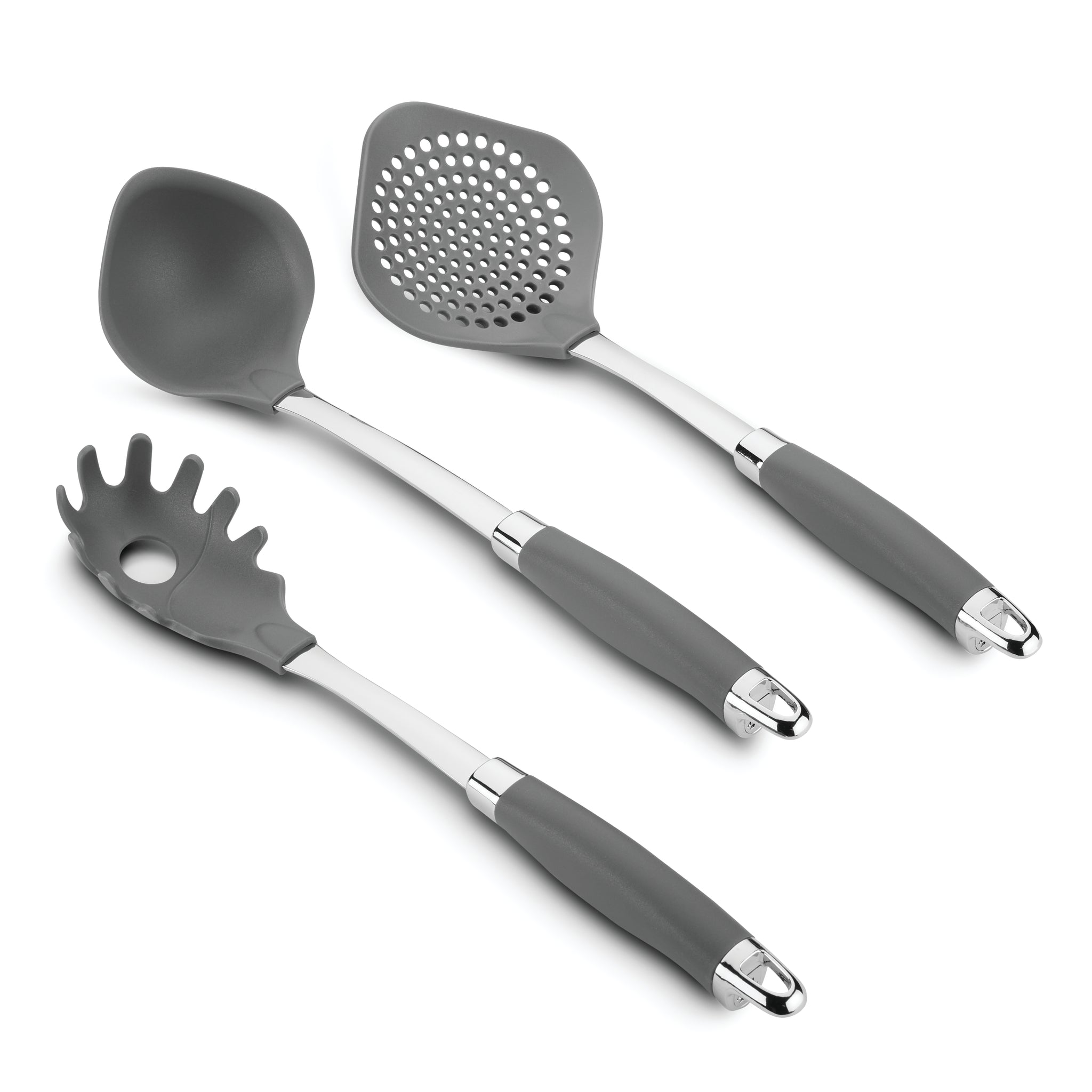 A set of three kitchen utensils with gray handles: a solid spoon, a slotted turner, and a pasta server. Each has a metal accent near the handle. The utensils are arranged on a plain white background.