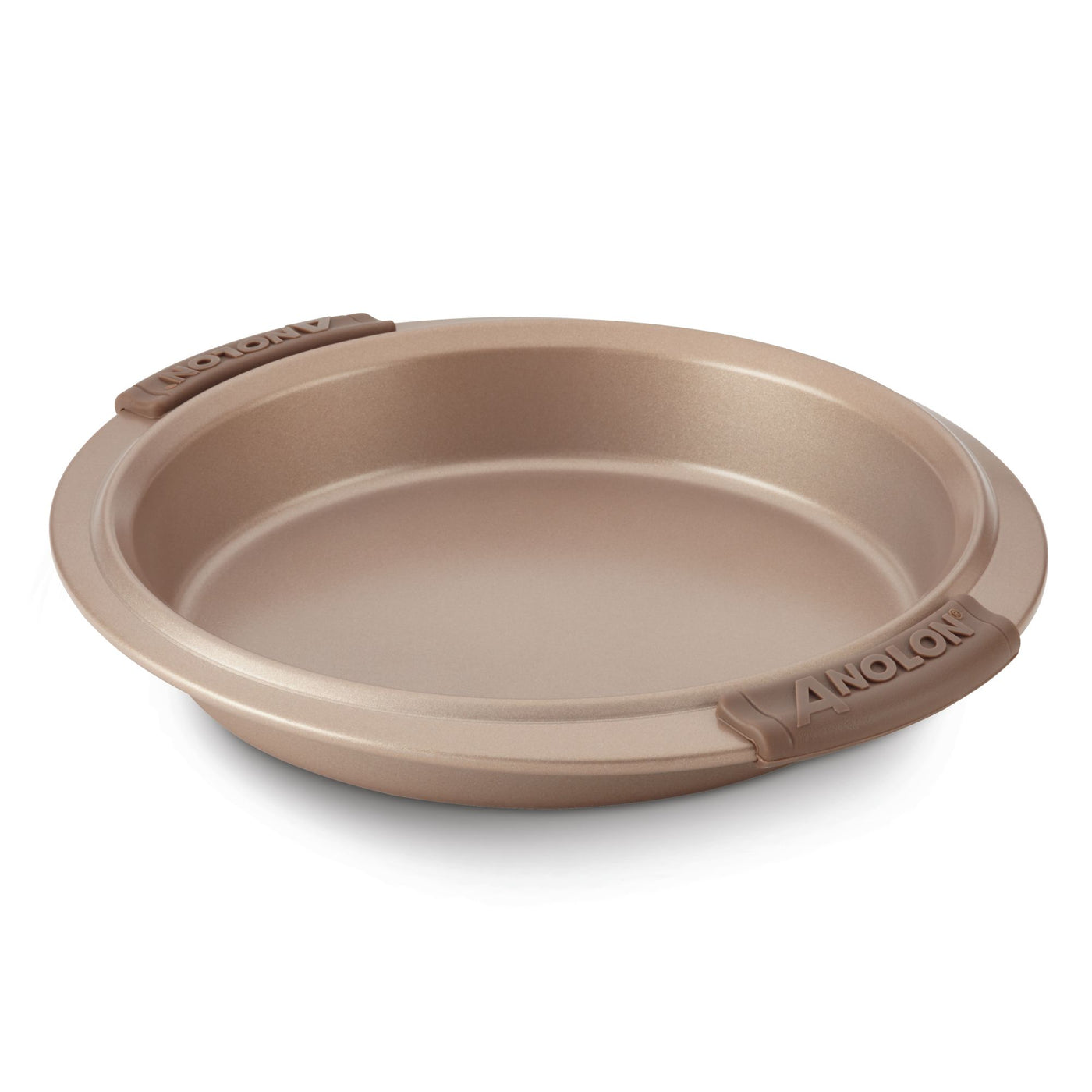 A round baking pan with a nonstick interior and rubberized grips on the edges, labeled Anolon. The pan is light brown and has a shallow depth.