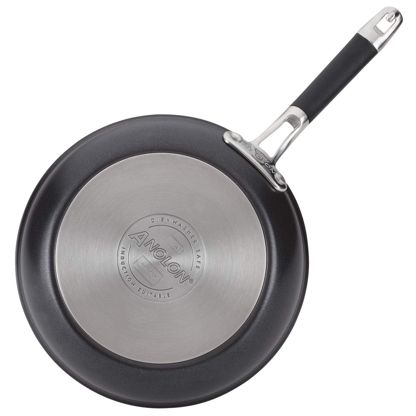 A non-stick frying pan with a stainless steel base, featuring a black exterior and a black handle. The brand name Anolon is engraved on the base, which also mentions it is dishwasher safe and made of suitable materials.