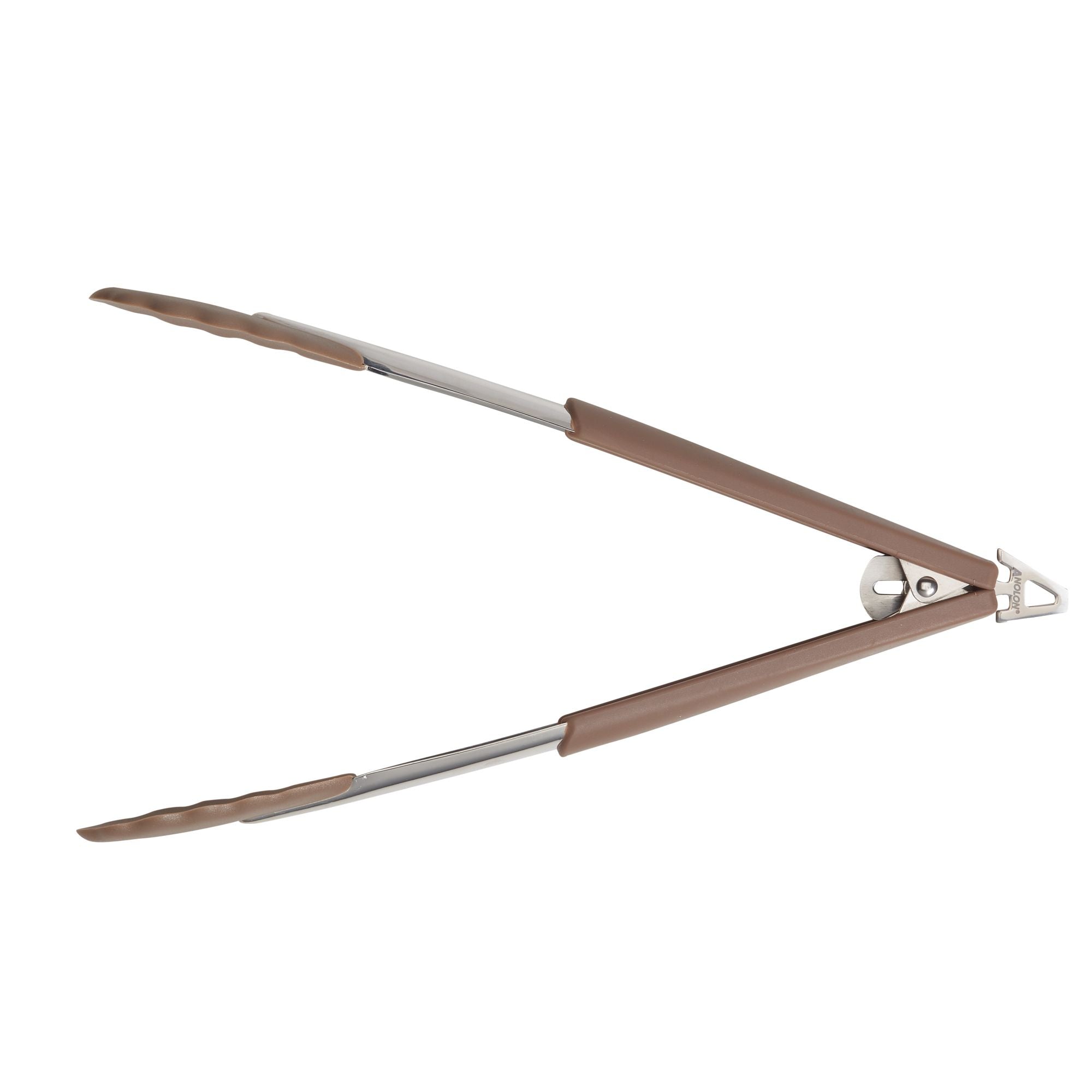 A pair of kitchen tongs with silver metal ends and brown handles, shown in an open position. They have a locking mechanism at the hinge.