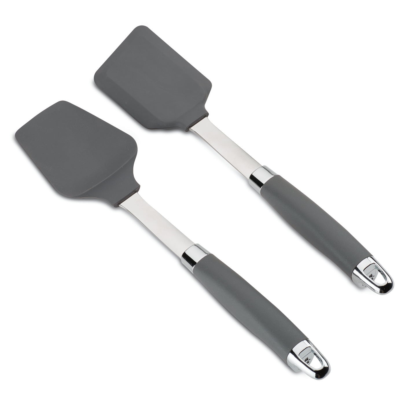 Two gray silicone spatulas with stainless steel handles, featuring non-slip grips. The spatulas have rectangular blades and are placed parallel to each other on a white background.