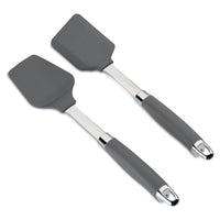 Two gray silicone spatulas with stainless steel handles, featuring non-slip grips. The spatulas have rectangular blades and are placed parallel to each other on a white background.