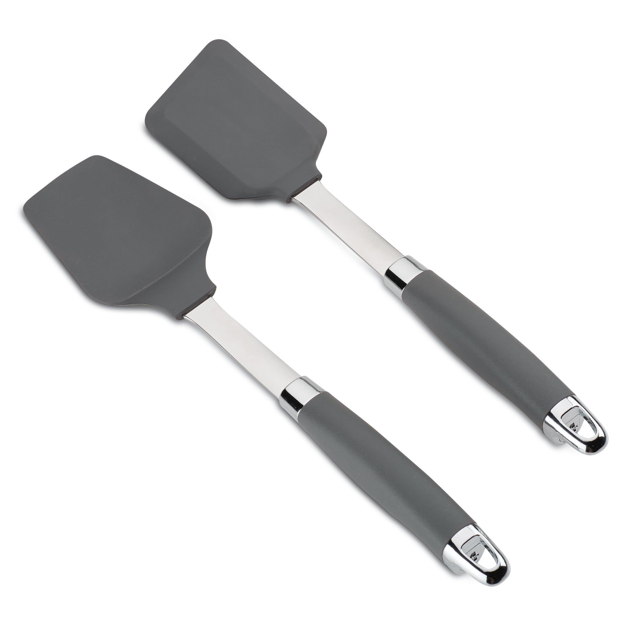 Two gray silicone spatulas with stainless steel handles, featuring non-slip grips. The spatulas have rectangular blades and are placed parallel to each other on a white background.