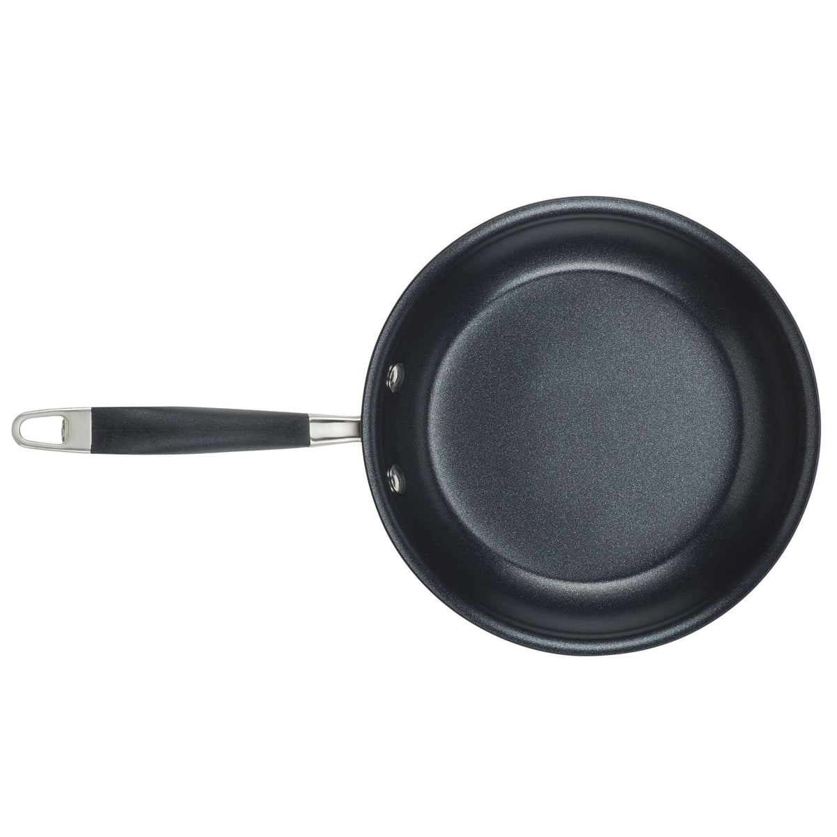 A black non-stick frying pan with a shiny stainless steel handle and a black grip, viewed from above. The pan is empty and has a smooth, flat cooking surface.