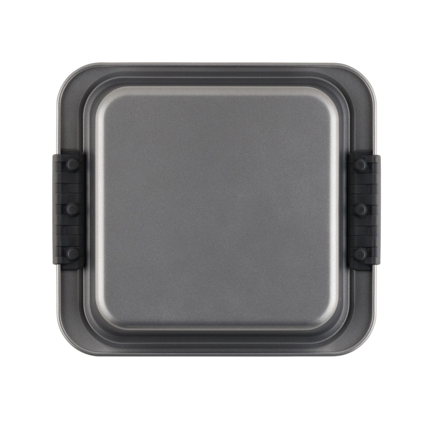 A square gray baking pan with a smooth surface and black handles on two opposite sides. The pan appears to be made of metal, suitable for baking cakes or other pastries.