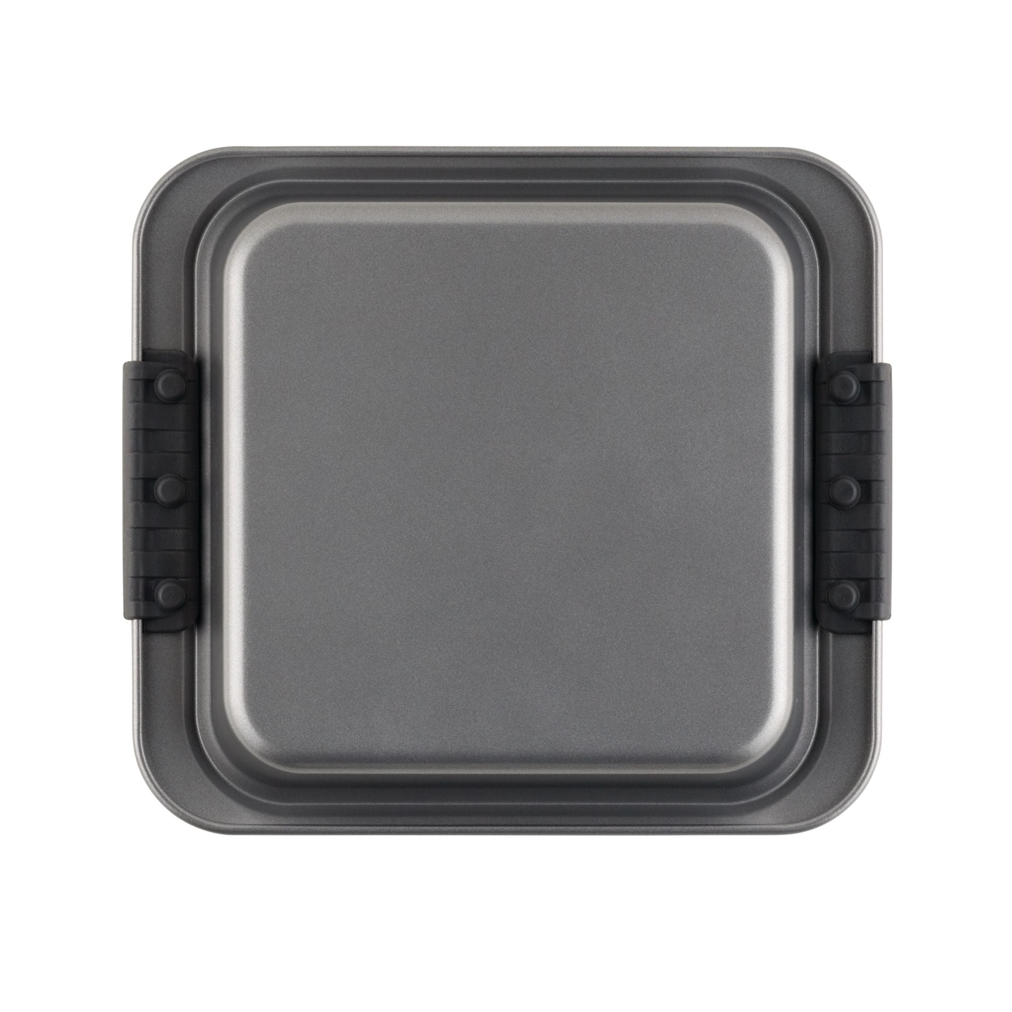 A square gray baking pan with a smooth surface and black handles on two opposite sides. The pan appears to be made of metal, suitable for baking cakes or other pastries.