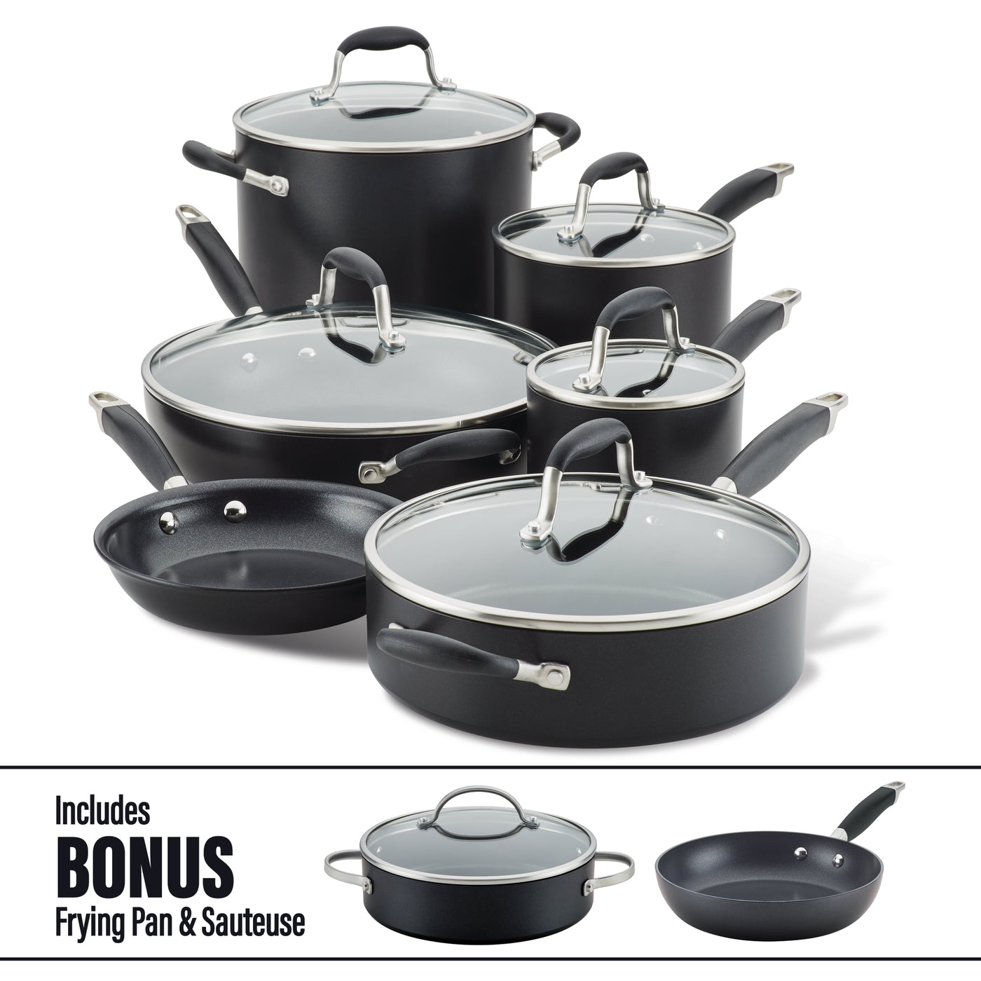 A set of black nonstick cookware with glass lids, including pots and pans of various sizes. Additional bonus items include a frying pan and sauteuse, as depicted in smaller images at the bottom of the picture.