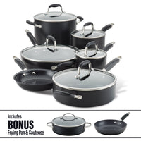 A set of black nonstick cookware with glass lids, including pots and pans of various sizes. Additional bonus items include a frying pan and sauteuse, as depicted in smaller images at the bottom of the picture.