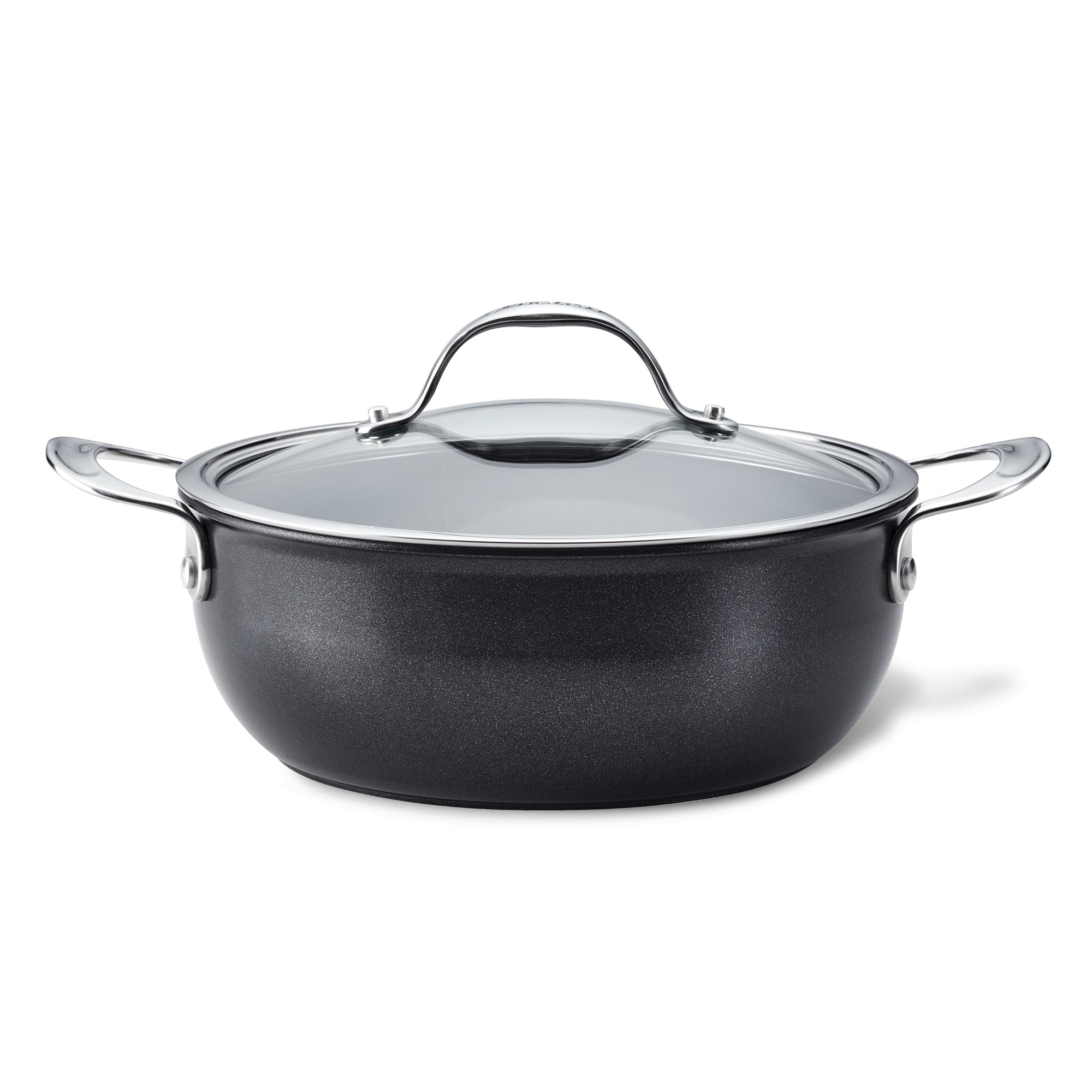 The Anolon X 4-Quart Hybrid Nonstick Casserole Pan features a sleek black design with durable nonstick coating, metal side handles, and a stainless steel base. It comes with a clear glass lid that has a metallic handle.