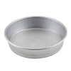 The Pro-Bake 9-Inch Aluminized Steel Round Cake Pan, with its smooth interior surface and silver finish, is ideal for creating layered desserts.