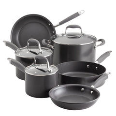 Introducing the 9-Piece Hard Anodized Nonstick Cookware Set by Advanced Home, featuring essential kitchen items: two frying pans, two saucepans with glass lids, and a large pot with a lid. These sleek black pieces are equipped with Infinity Slide technology for exceptional performance and elegantly designed with gray handles and silver accents.