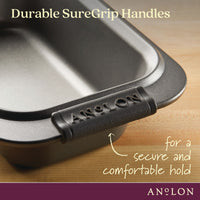 A close-up of an Advanced 9 x 5-Inch Loaf Pan with silicone grips. Text reads: “Durable silicone grips for a secure, comfortable hold.” The Advanced logo appears at the bottom.