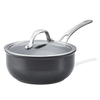 The Anolon X 2.5-Quart Hybrid Nonstick Saucier Pan features SearTech™ technology and a glass lid with a stainless steel handle, shown against a white background. The glossy arched handle complements its sleek design, and the pan is metal utensil safe.