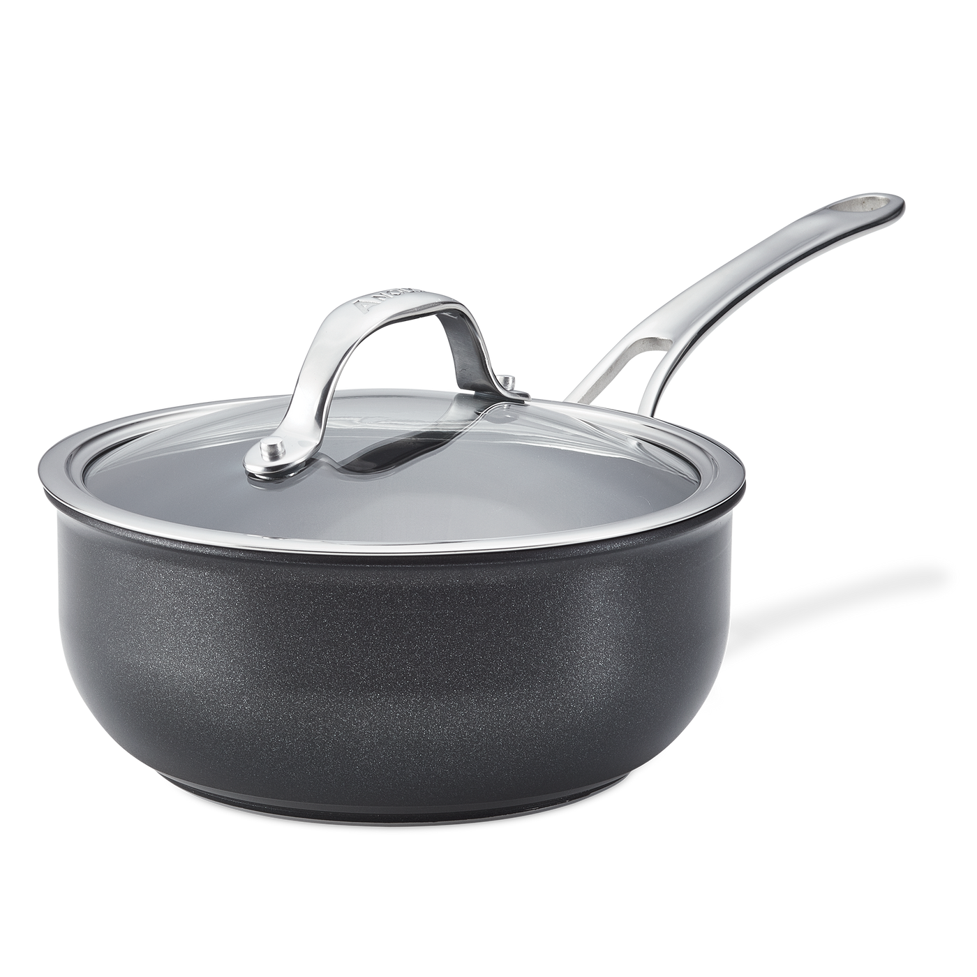 The Anolon X 2.5-Quart Hybrid Nonstick Saucier Pan features SearTech™ technology and a glass lid with a stainless steel handle, shown against a white background. The glossy arched handle complements its sleek design, and the pan is metal utensil safe.