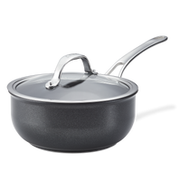The Anolon X 2.5-Quart Hybrid Nonstick Saucier Pan features SearTech™ technology and a glass lid with a stainless steel handle, shown against a white background. The glossy arched handle complements its sleek design, and the pan is metal utensil safe.
