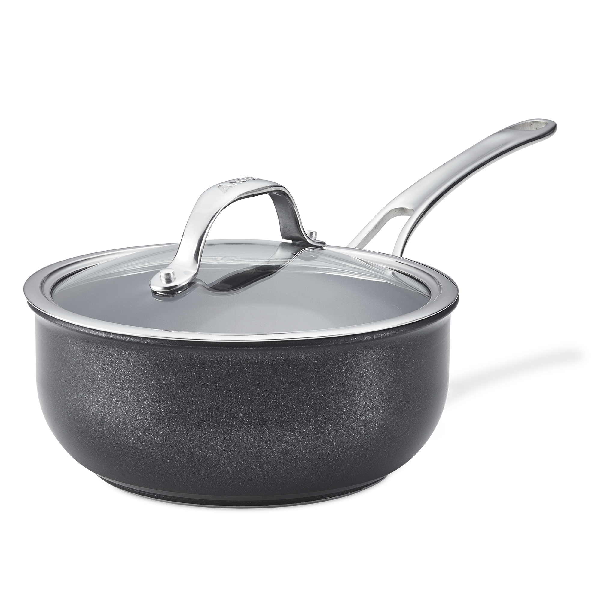 The Anolon X 2.5-Quart Hybrid Nonstick Saucier Pan features SearTech™ technology and a glass lid with a stainless steel handle, shown against a white background. The glossy arched handle complements its sleek design, and the pan is metal utensil safe.