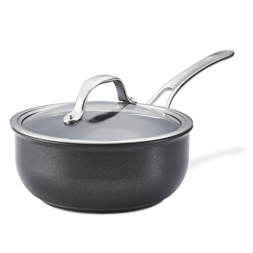 The Anolon X 2.5-Quart Hybrid Nonstick Saucier Pan features SearTech™ technology and a glass lid with a stainless steel handle, shown against a white background. The glossy arched handle complements its sleek design, and the pan is metal utensil safe.