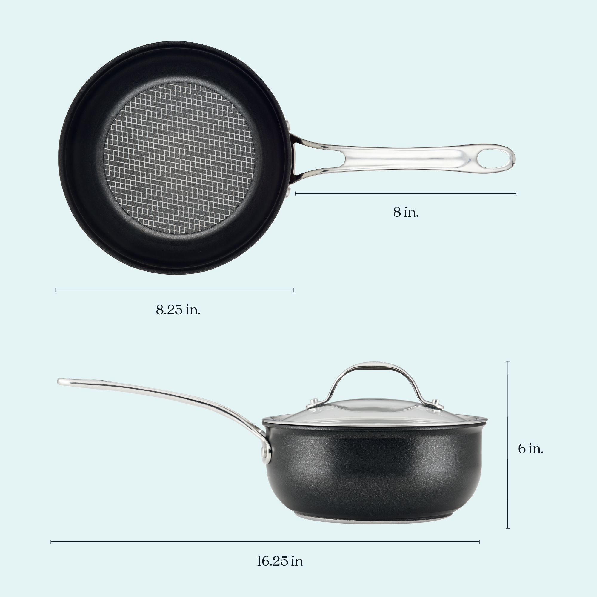 Image featuring Anolon Xs 2.5-Quart Hybrid Nonstick Saucier Pan in black with SearTech™ technology, mesh interior, and silver handle. Shown top and side with a lid, it measures 8.25 diameter, 8 handle length, 16.25 total length, and 6 height for durable performance and metal utensil safety.