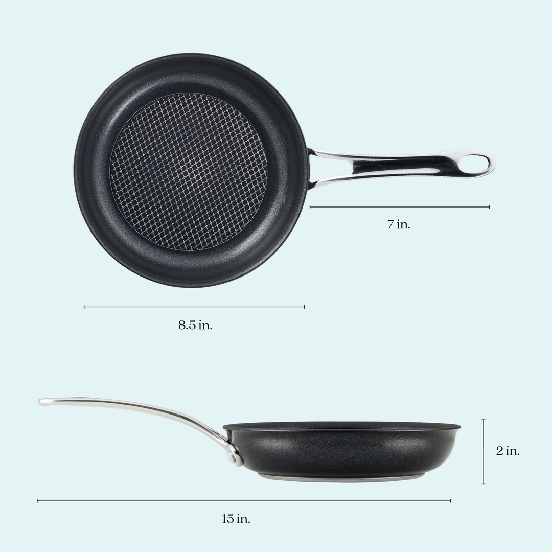 Top and side view of a black frying pan with measurements.