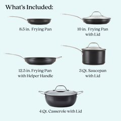 The Anolon X 8-Piece Hybrid Nonstick Cookware Set, on a light background, features SearTech technology for excellent heat distribution. It includes 8.5 and 10 frying pans (latter with lid), a 12.5 hybrid fry pan with helper handle, a 3-quart saucepan with lid, and a 4-quart casserole with lid.