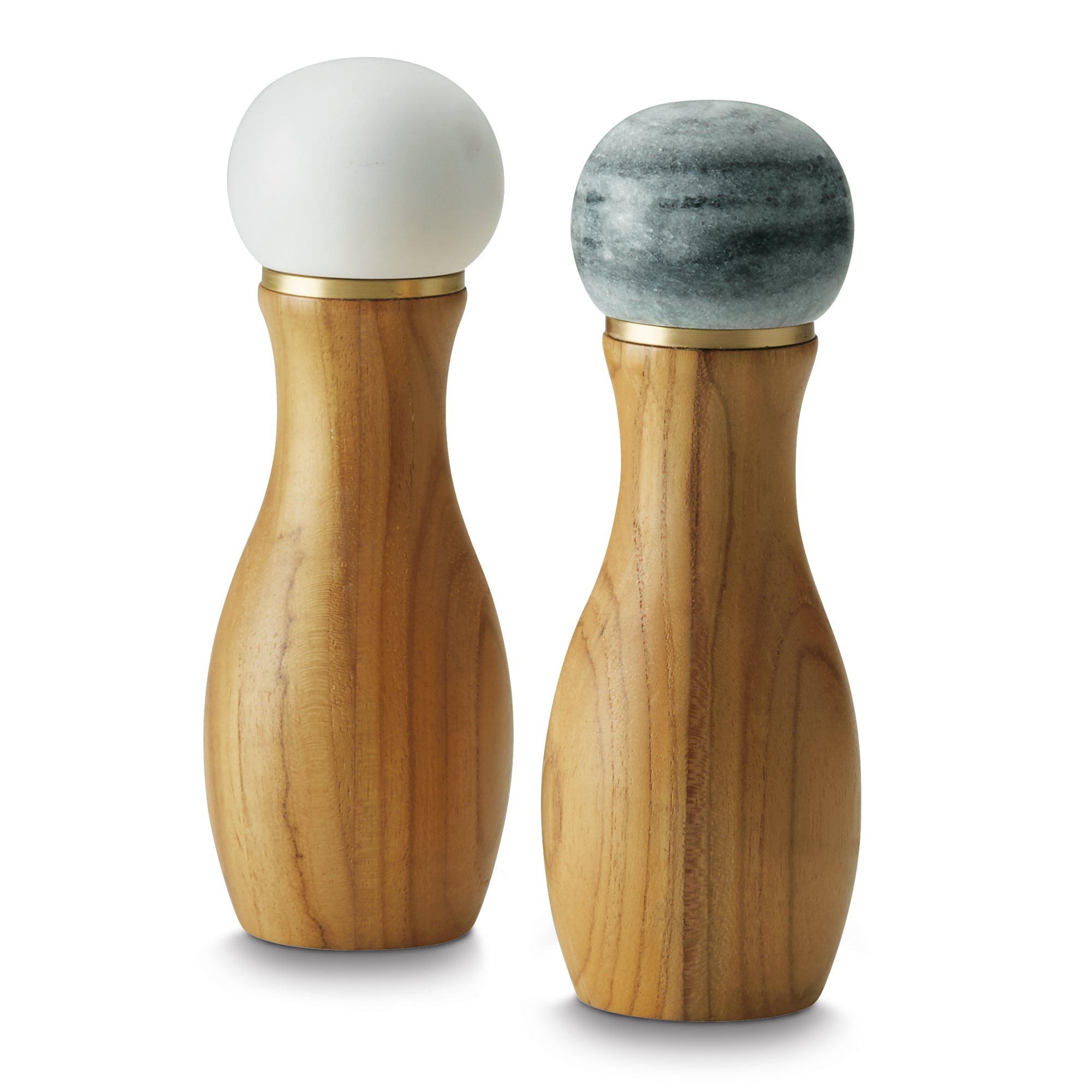 The Pantryware Salt and Pepper Grinders set includes two teak grinders with a smooth, rounded top; one sports a white top, while the other displays a gray marbled design. Both grinders have a sleek, curvy shape highlighted by a natural wood finish.
