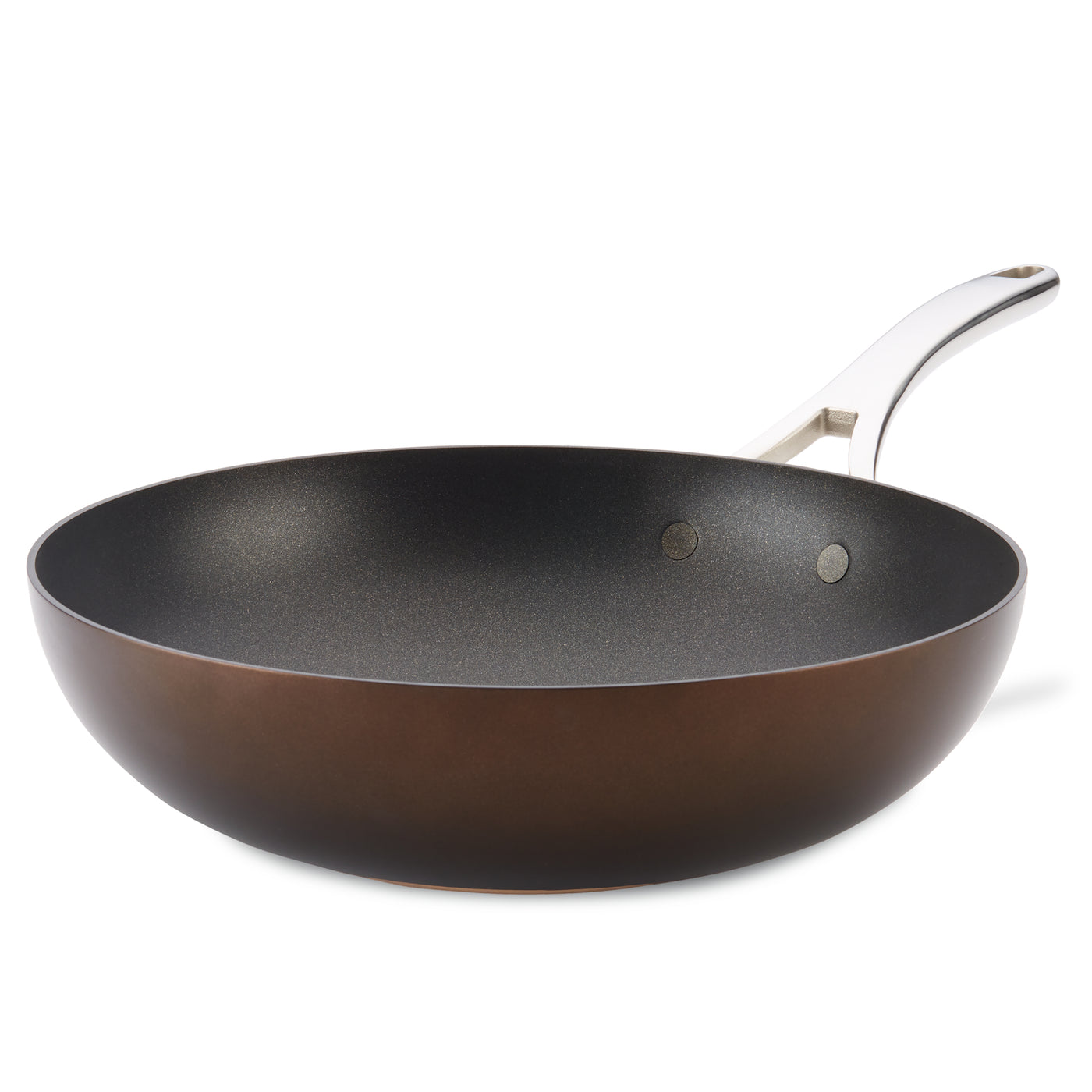 The Nouvelle Copper Luxe 12-Inch product is a nonstick stir fry pan with hard-anodized construction, showcasing a dark brown exterior and an elegant silver handle against a plain white background.