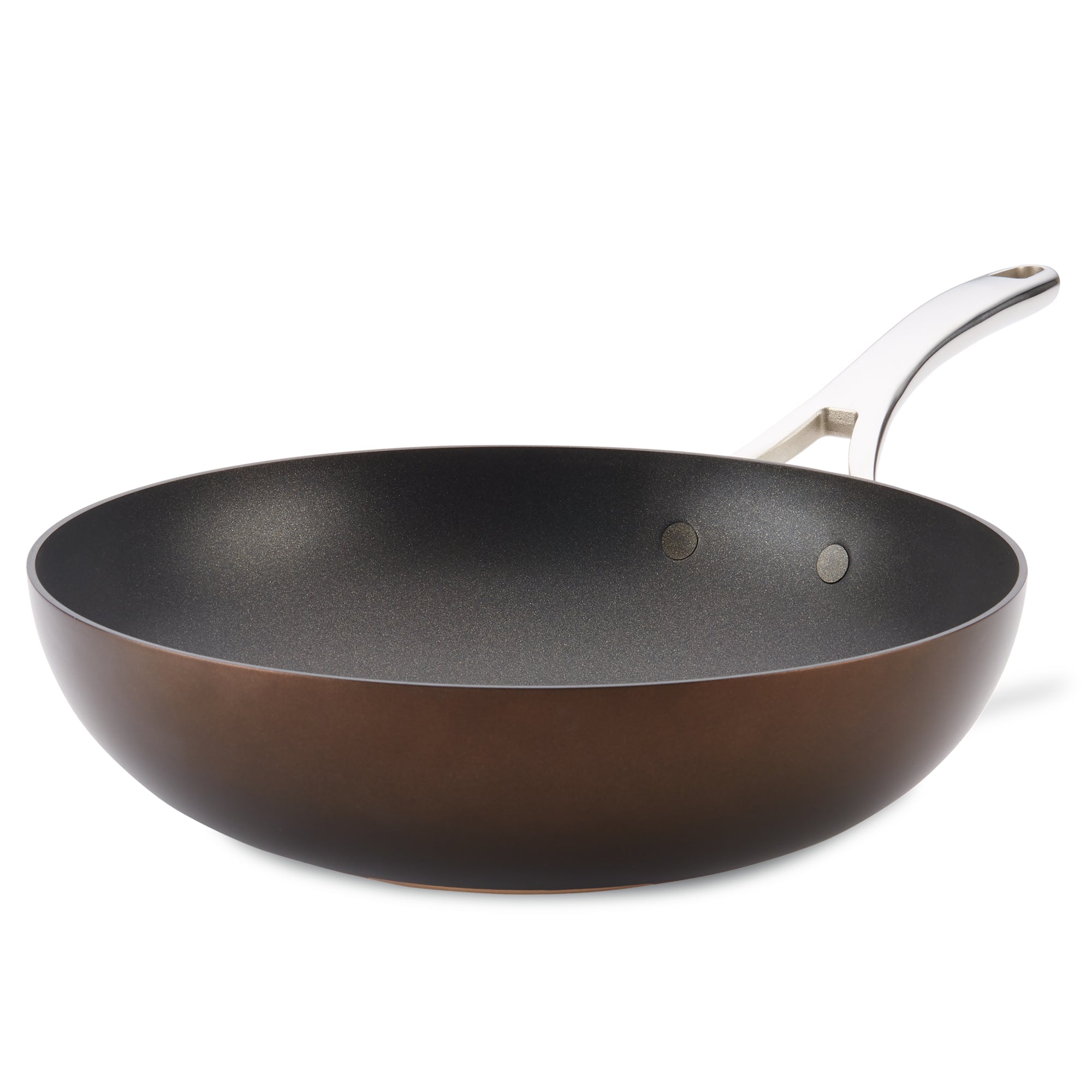 The Nouvelle Copper Luxe 12-Inch product is a nonstick stir fry pan with hard-anodized construction, showcasing a dark brown exterior and an elegant silver handle against a plain white background.
