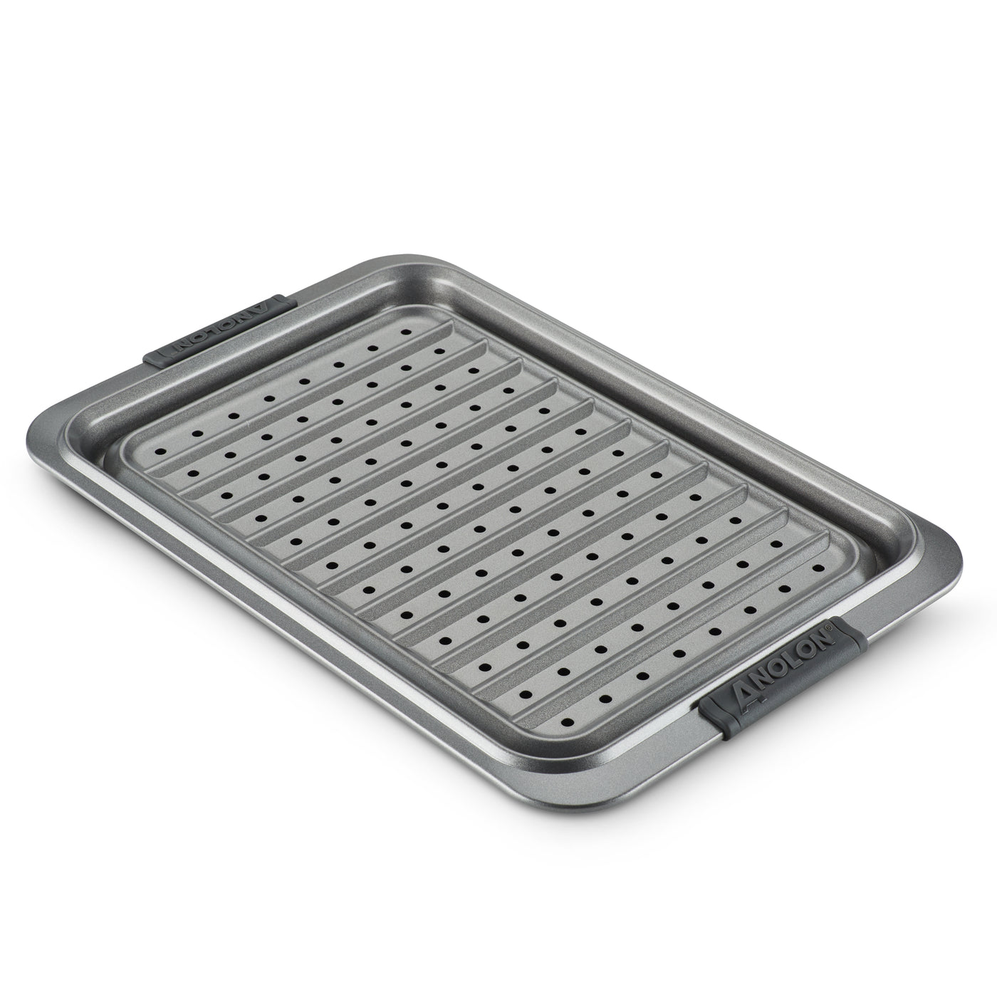 The Advanced 10 x 15-Inch Crisper Pan Set features a nonstick metal roasting pan with a removable crisper insert, black silicone handles labeled "ANOLON," and raised edges for convenience and safety.