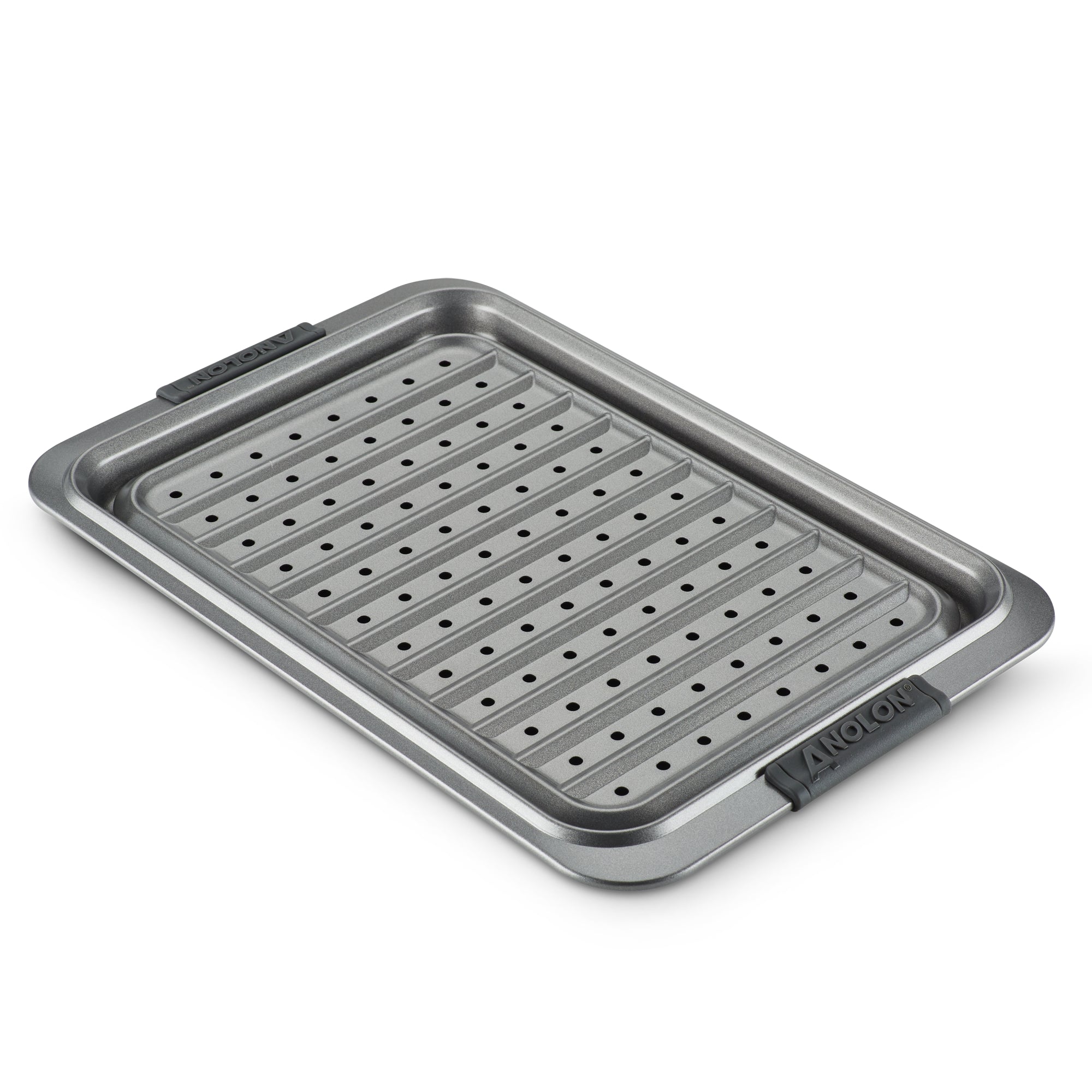 The Advanced 10 x 15-Inch Crisper Pan Set features a nonstick metal roasting pan with a removable crisper insert, black silicone handles labeled "ANOLON," and raised edges for convenience and safety.