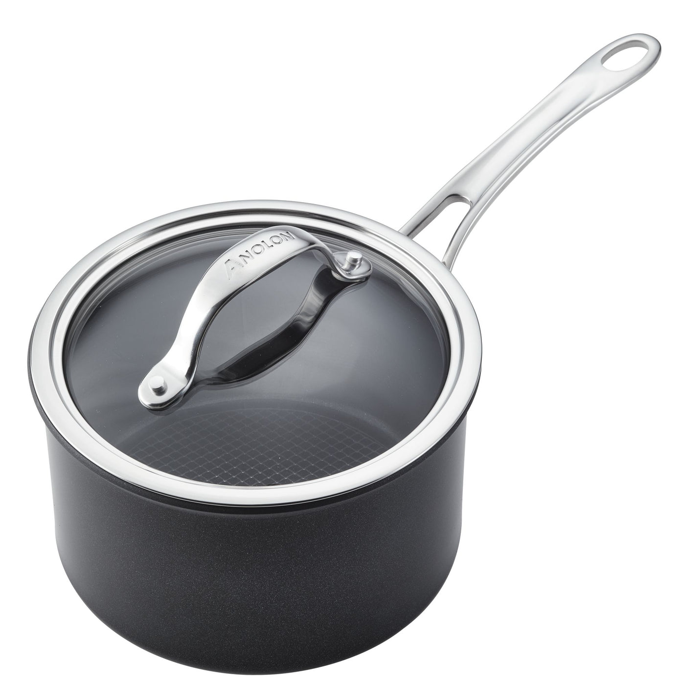 The Anolon X 3-Quart Hybrid Nonstick Saucepan features SearTech technology, a long handle, and a vented glass lid with a stainless-steel rim and handle. Its nonstick finish allows for metal utensil use, all set against a white background.