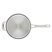 Top view of a silver saucepan from the 10-Piece Anolon X Hybrid Nonstick Cookware Set, featuring a long handle and a smaller loop handle. The pan is PFOA-free and offers effortless cooking with style, boasting metallic handles with a brushed finish for quality.