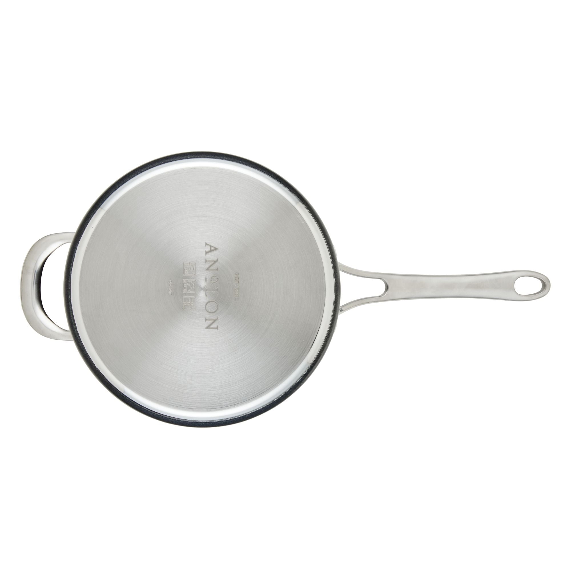 Top view of a silver saucepan from the 10-Piece Anolon X Hybrid Nonstick Cookware Set, featuring a long handle and a smaller loop handle. The pan is PFOA-free and offers effortless cooking with style, boasting metallic handles with a brushed finish for quality.